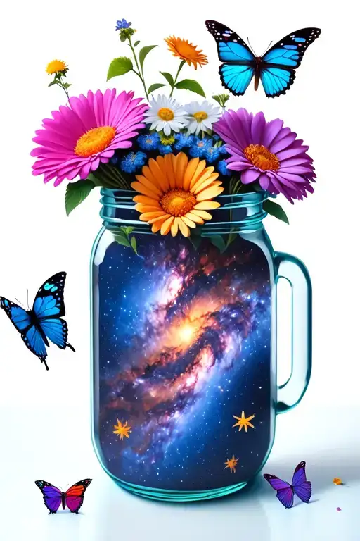 Milky Way Galaxy inside of a mason jar with flowers and butterflies  tattoo design idea