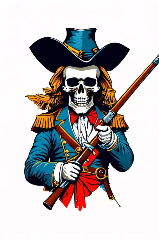 minuteman skull face holding musket wearing colonial uniform tattoo design idea