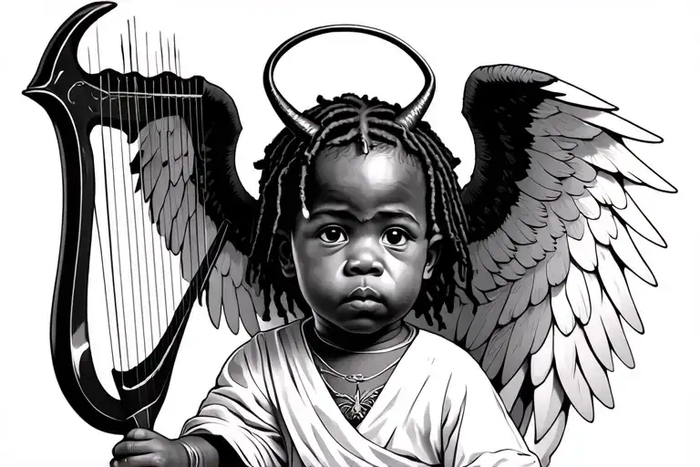 african american baby with short dreads, he has both devil horns and a halo, carries a pitchfork and a harp, one wing is tattoo design idea