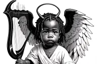 african american baby with short dreads, he has both devil horns and a halo, carries a pitchfork and a harp, one wing is tattoo design idea
