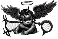 african american baby with short dreads, he has both devil horns and a halo, carries a pitchfork and a harp, one wing is tattoo design idea