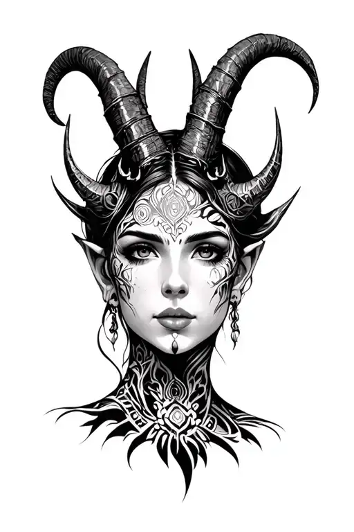 Female figure with unique facial features, decorated with horns or other mythical elements, made in the form of real tattoo design idea