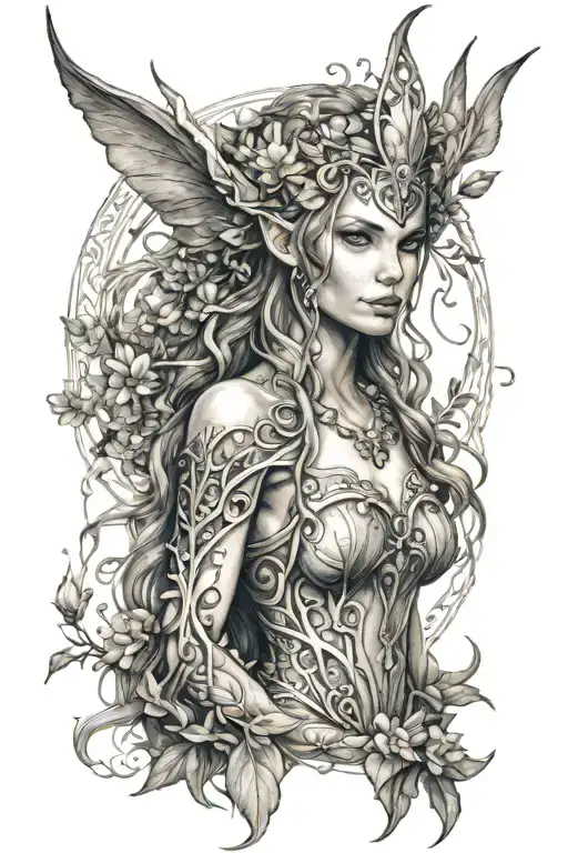 hyper realistic elven goddess standing tattoo design idea