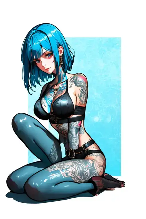 Clean, anime, nude, bdsm, sexy front position, simple body, blue hair tattoo design idea