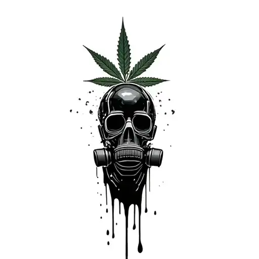 composition,black robot skull with gas mask,marijuana leaves in the background,dripping blood tattoo design idea