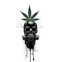 composition,black robot skull with gas mask,marijuana leaves in the background,dripping blood tattoo design idea