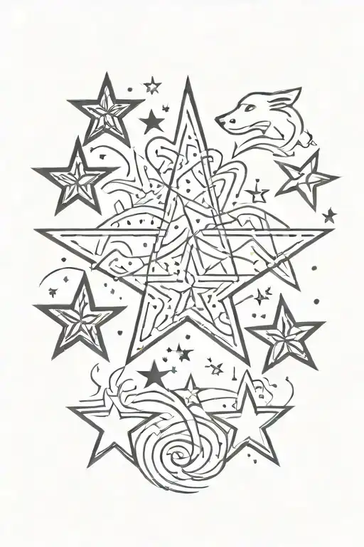 5 little stars; phrase “Know thyself”; Family, Hidden dog silhouette tattoo design idea