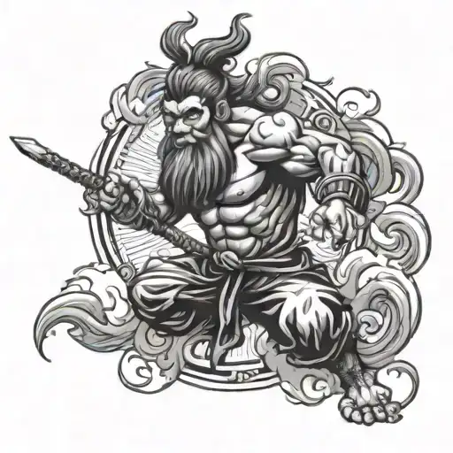 just sun wu kong staff with gear 5 cloud smoke around it tattoo design idea