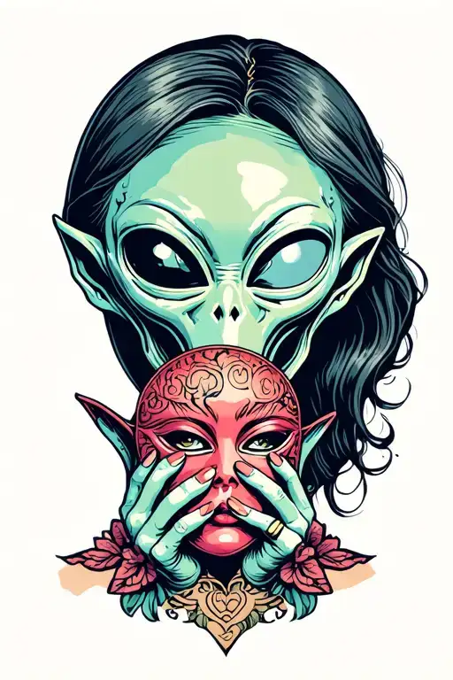 American classic, sad alien holding a mask of a woman's face tattoo design idea