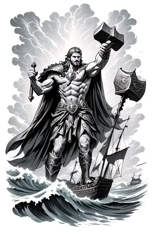 Thor holding mjolnir in a scene of crashing thunder above him & below him Viking ships and waves controlled by Poseidon tattoo design idea