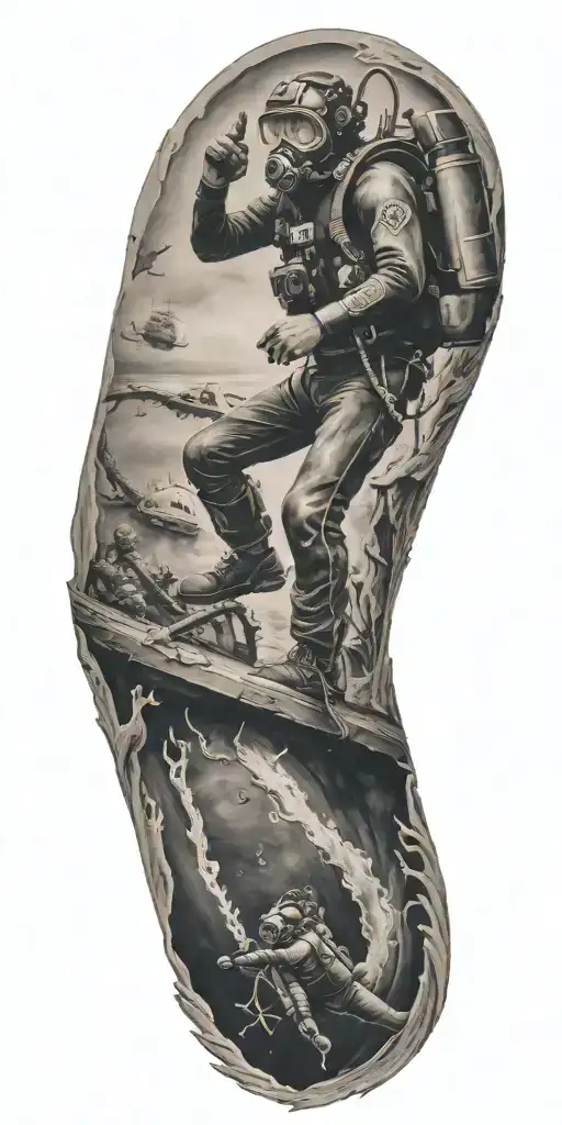 A black-grey tattoo of a scuba diver exploring a sunken ship, with a hidden image of a family portrait within the wreckage, reflecting the client's passion for diving and family tattoo design idea