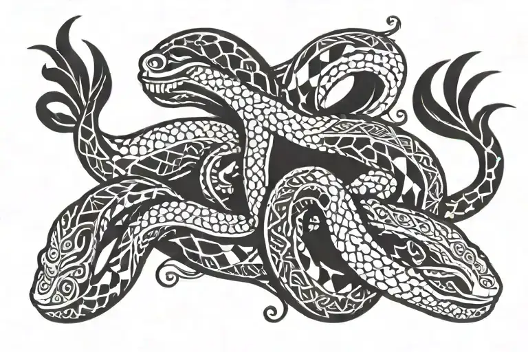 Double-headed snake with Scandinavian culture patterns, crawling in a zigzag pattern tattoo design idea