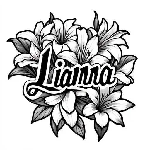 "Lianna" lillies blooming around the name written in Chicano font tattoo design idea