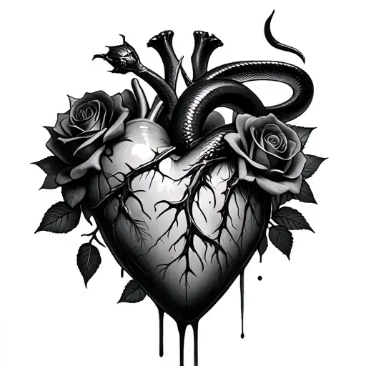 Realistic bleeding human heart ensnared by black roses with thorns and pierced by dagge. Add a black mamba coiled around tattoo design idea