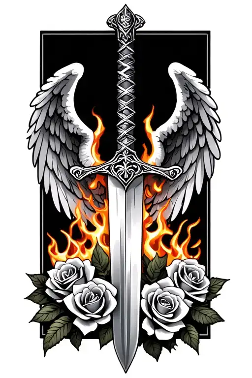Sword With Angel Wings fire and roses growing tattoo design idea