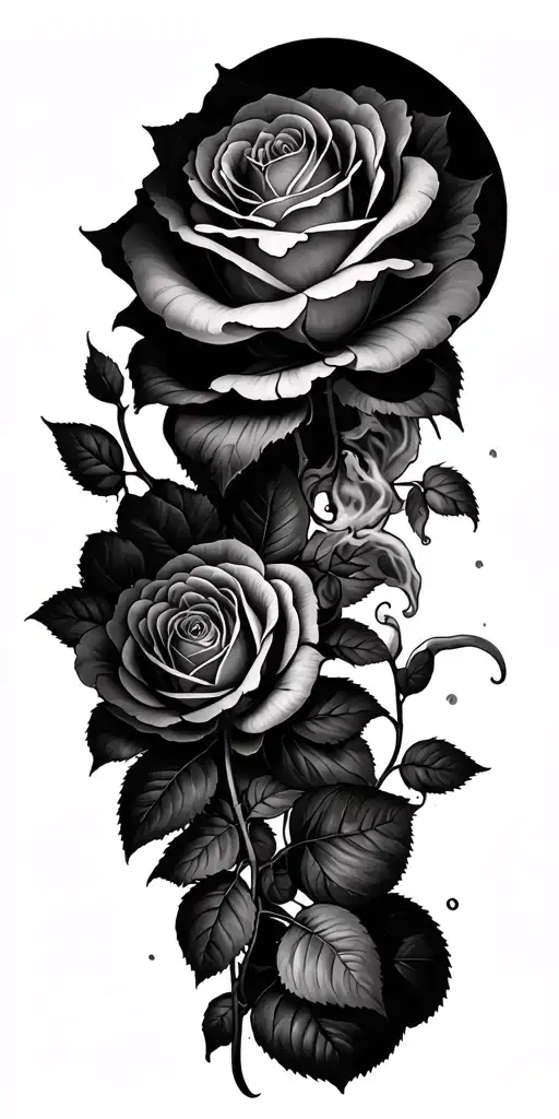 rose vine, supernatural anti possession, smoke rising background, sleeve tattoo design idea