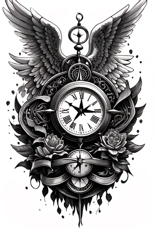 feminine full sleeve with a clock without hands, an angel wing, a compass and 3 things that symbolize my kids tattoo design idea