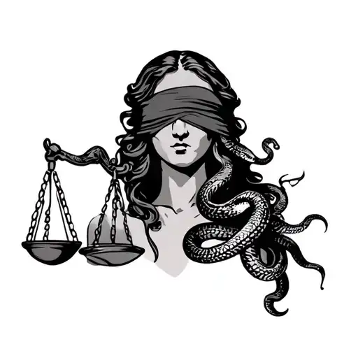 lady justice blindfolded with a snake around her arm holding the scales of justice  tattoo design idea