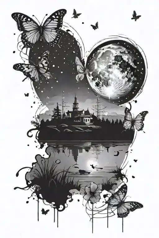 Minimalist  greyscale Scene with a river, small butterflies and a night sky with the Scorpio constellation tattoo design idea