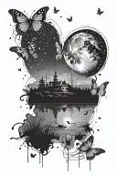 Minimalist  greyscale Scene with a river, small butterflies and a night sky with the Scorpio constellation tattoo design idea