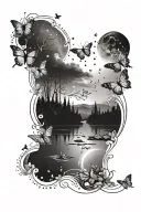 Minimalist  greyscale Scene with a river, small butterflies and a night sky with the Scorpio constellation tattoo design idea