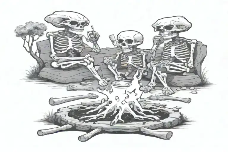 three skeletons sitting on stumps having a drink around a campfie with a forest background  tattoo design idea