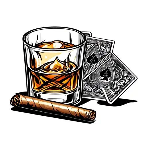 whiskey glass with bullet cigar and playing cards tattoo design idea
