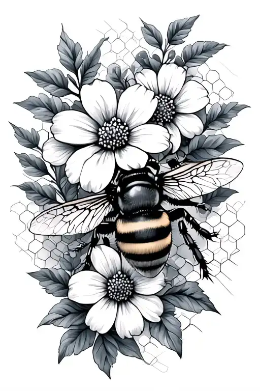 bee flowers and honeycomb tattoo design idea