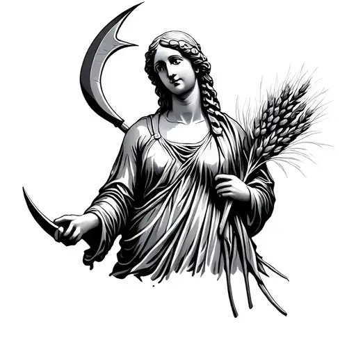 demeter holding sickle and wheat statue like tattoo design idea