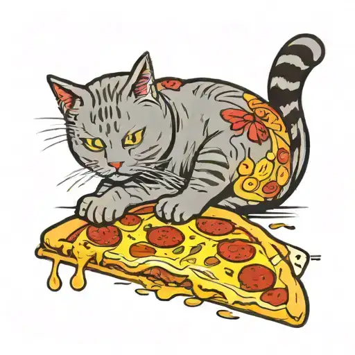 A grey cat eating a slice of pizza box tattoo design idea