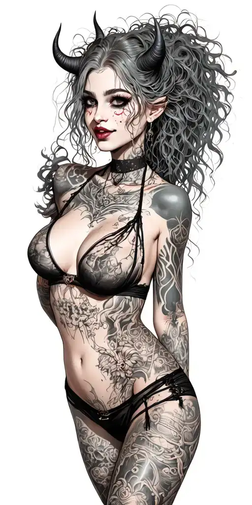 Sexy Pale Girl, petite, big boobs, wide hips, G-String. Messy hair, demonic horns, sexual. Seductive smile. Full Body tattoo design idea