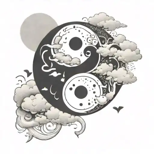 yin-yang, pacifism, love, heart, surrounded by clouds tattoo design idea