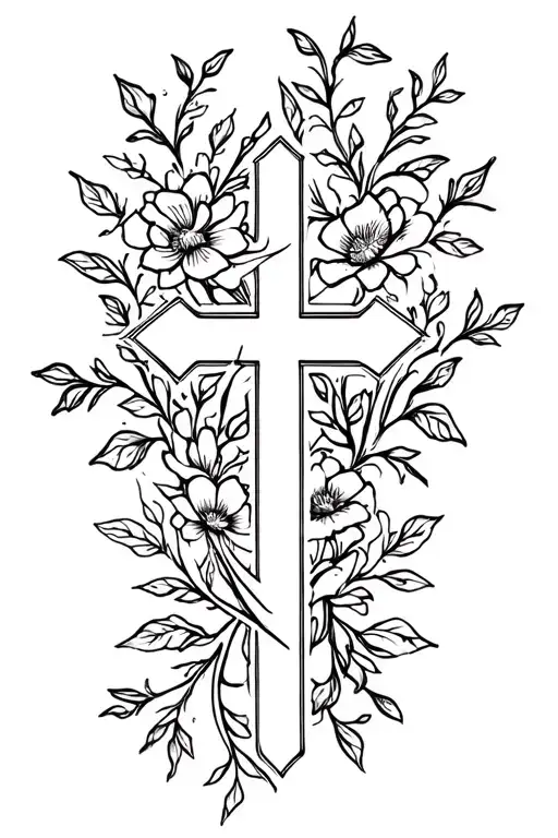 catholic cross wrapped in flowers and vines tattoo design idea