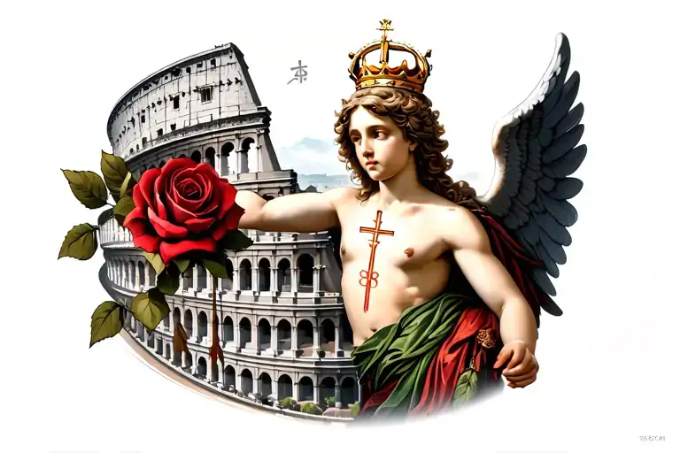 Angel with a a rose a crown and wings on a colosseum with a Greek background with a cross as well as Roman numerals arou tattoo design idea