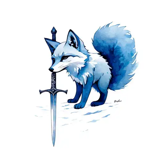 Arctic fox with tail wrapped around sword tattoo design idea