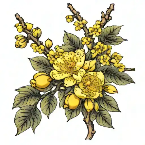 yellow Japanese apricot blossom branches and flowers and leaves on half sleeve  tattoo design idea