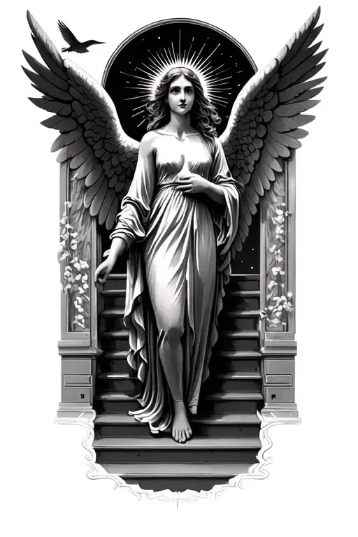 female angel + staircase + heaven gates +dove + sun rays tattoo design idea