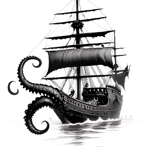 kraken taking down spanish galleon black white tattoo design idea