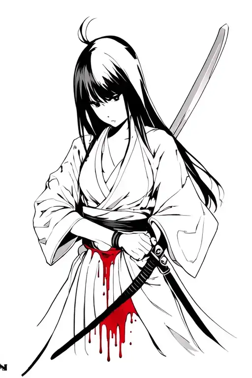 Unohana from the anime "bleach". she's holding a katana and blood is dripping from the katana. The style is not realist  tattoo design idea