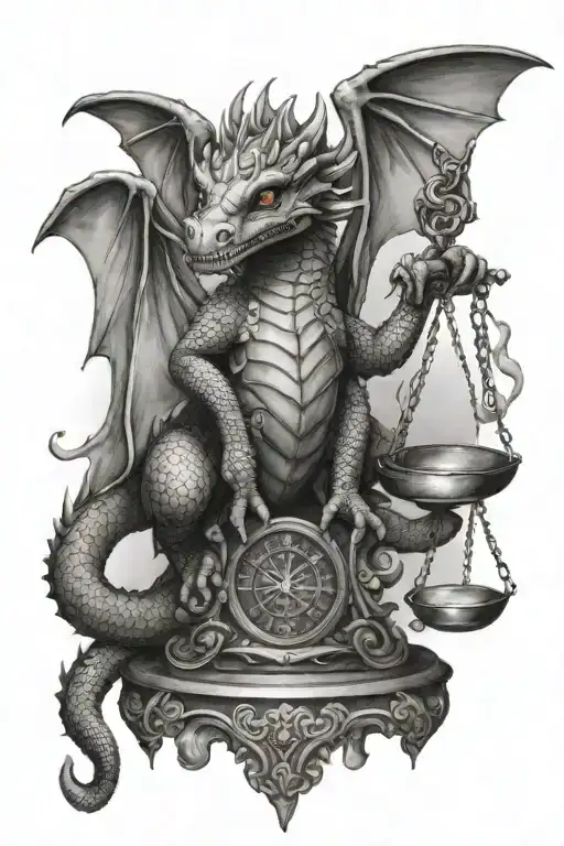 baby dragon sitting on top of libra scale balanced tattoo design idea