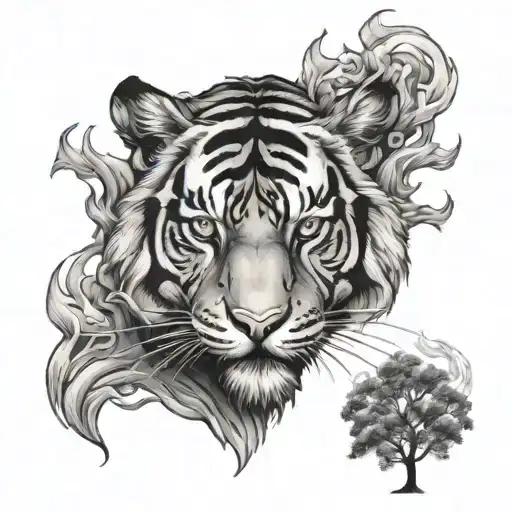 tiger on fire with a tree tattoo design idea