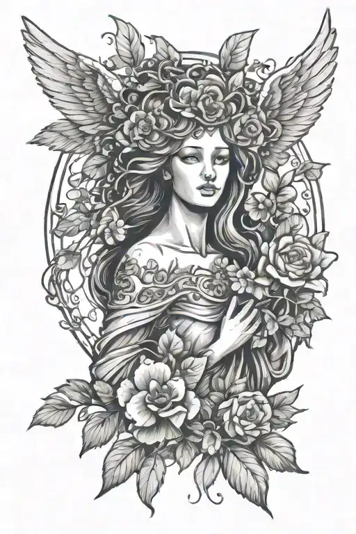 graphic style, idea in constant work, depicts an angel with tree crowns or other plants tattoo design idea