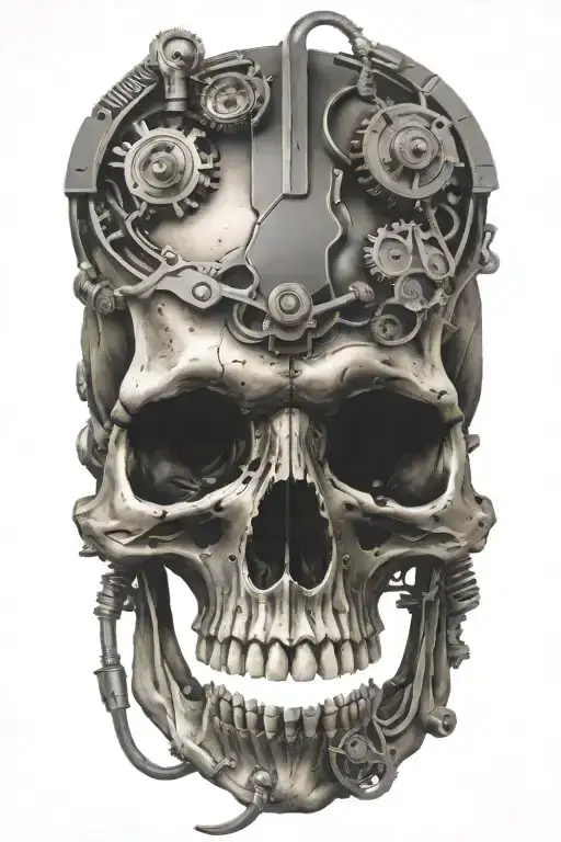 evil skull surrounded by engine parts. black sabbath style tattoo design idea