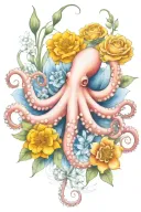 octopus, snowdrop, rose,  marigold flower tattoo design idea