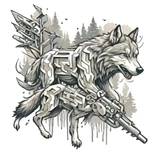 An abstract design of a gun transforming into a pack of wolves running through a forest, representing the client's favorite things. tattoo design idea