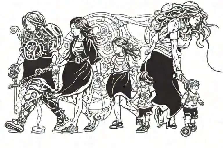 MOTHER, 2 SONS AND DAUGHTER WALKING TOGETHER tattoo design idea