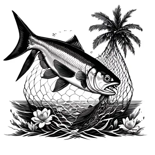 Sea fish ripping throught fishing net and waves in background, two palms on the sides and some flowers bottom down  tattoo design idea