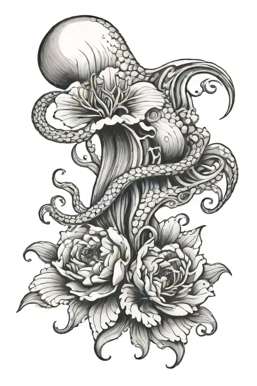 squid and peony   tattoo design idea
