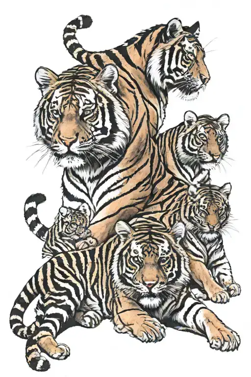 Very realistic male tiger slightly above female tiger with 3 small tiger cubs below tattoo design idea