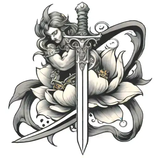 St Michael's sword with a lotus flower blooming tattoo design idea